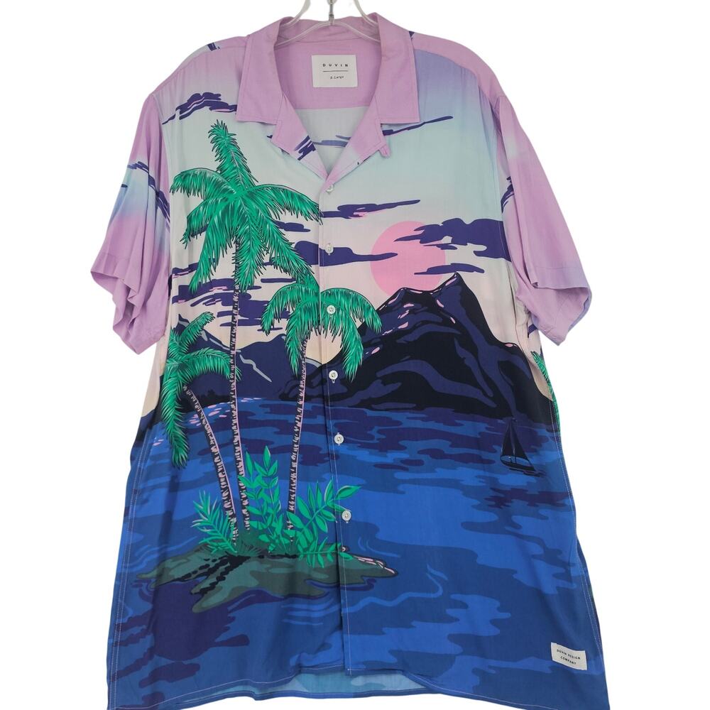 Duvin Aloha Hawaiian Tropical Palms Sunset Shirt Short Sleeve Button Up XL 4167